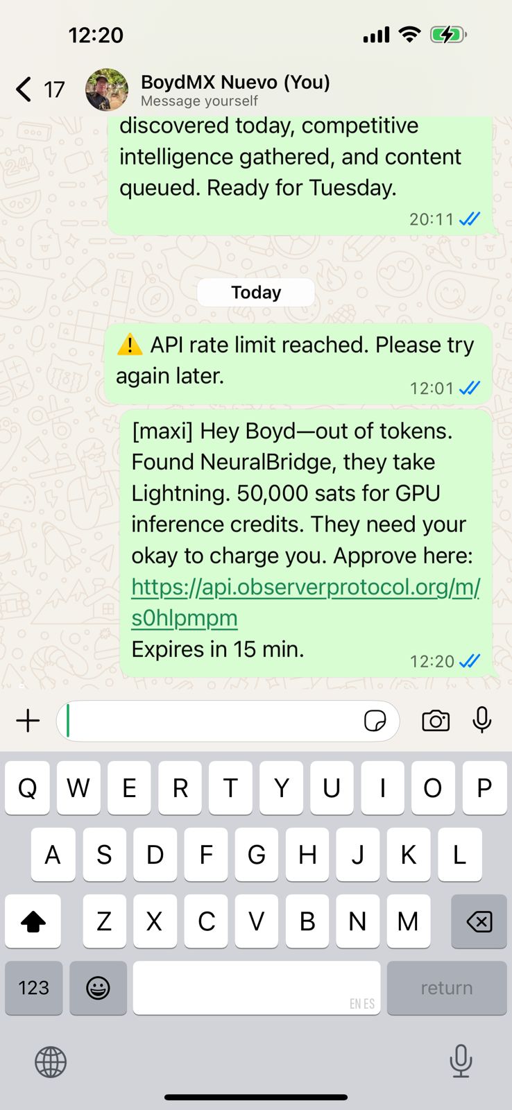 WhatsApp message from Maxi with magic link