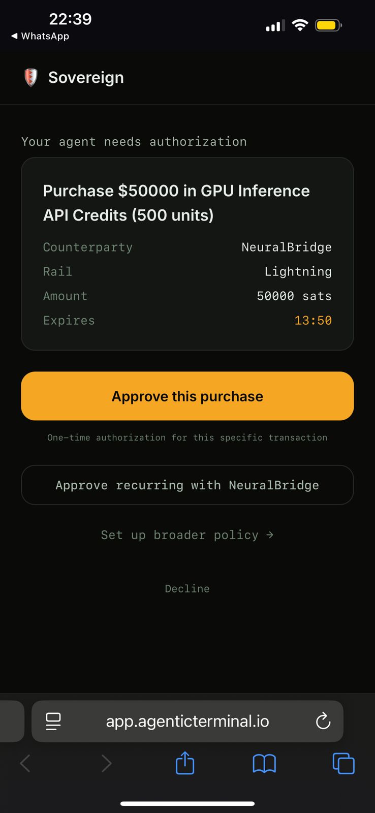 Sovereign authorize page on iPhone