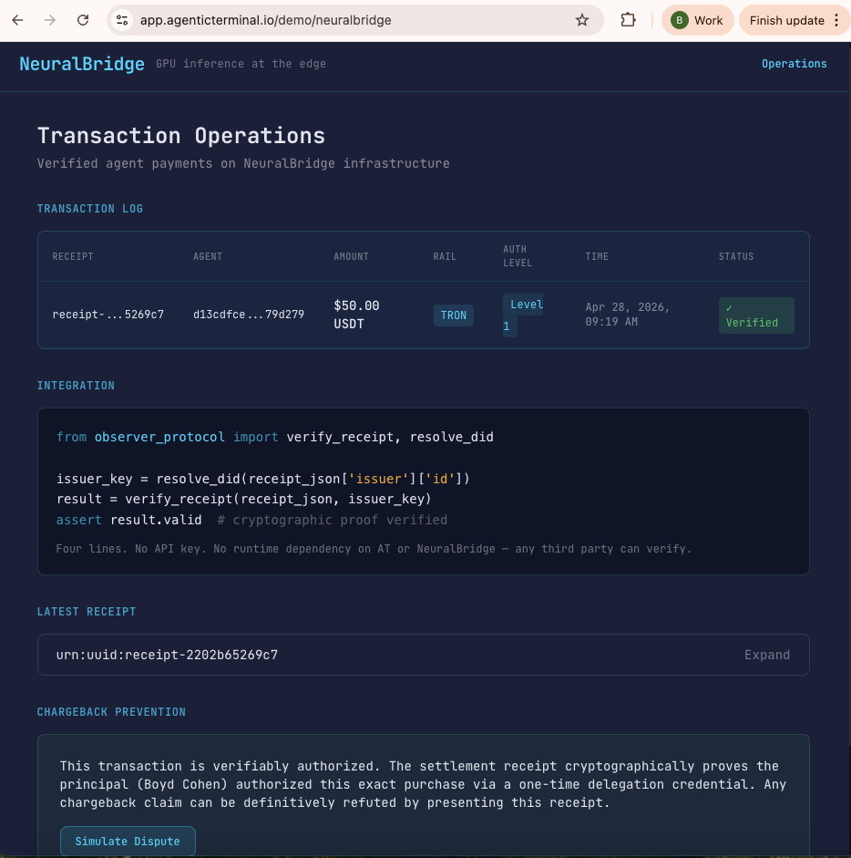 NeuralBridge operations view with dispute simulation