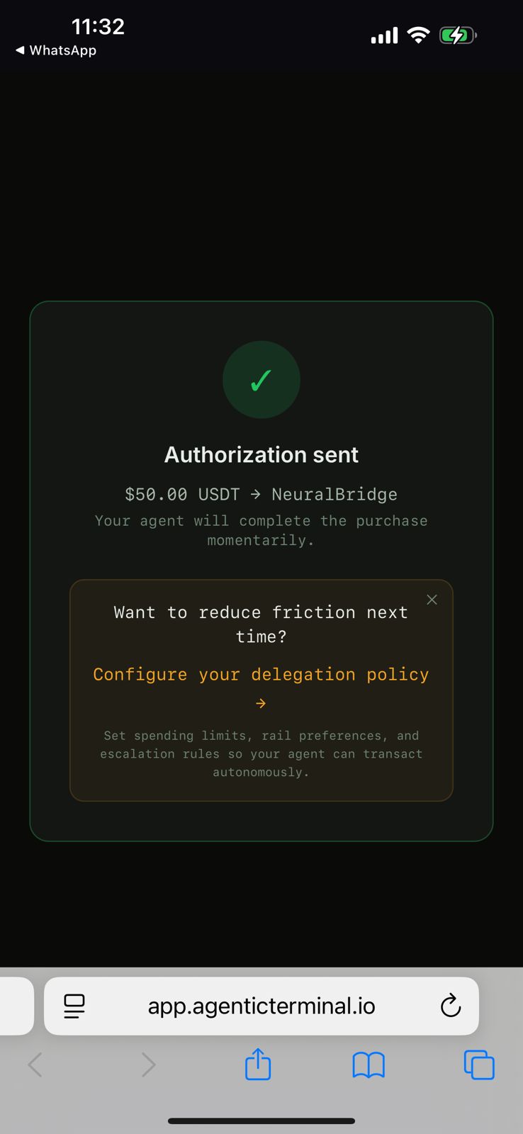 Authorization success screen with delegation policy prompt
