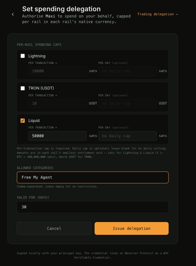 Sovereign spending delegation form configured for Maxi: Liquid rail enabled, 50,000-sat per-transaction cap, 'Free My Agent' allowed category, no counterparty restrictions.